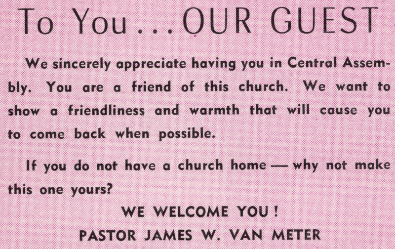 Letter to church guests from Pastor James W. Van Meter