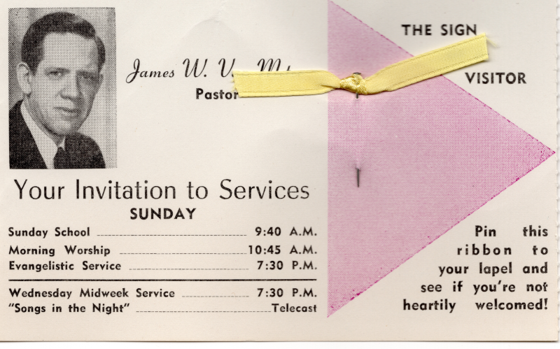Invitation to services at Central Assembly with a yellow ribbon specifically meant for visitors
