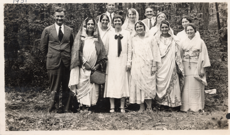 Portrait of Mr. and Mrs. Blakney, Mrs. and Mrs. McClay, Mrs. Shirer, Grace Whether, and Juergeason (sp.?) at a missionary rally at Marantha Park