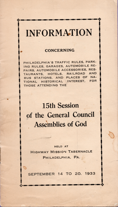 Cover: Visitor's Information for the 15th Session of the General Council of the Assemblies of God held at Highway Mission Tabernacle (19th and Green) September 14-20, 1933
