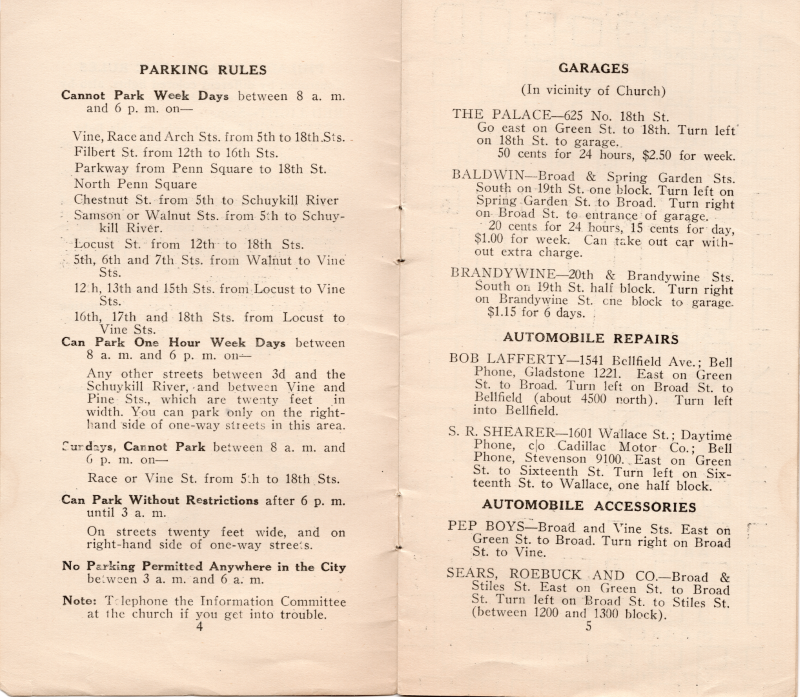 Parking rules; Parking garages near the church, automobile repairs, automobile acessories