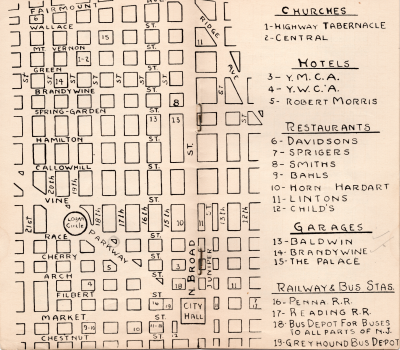 Map of the neighborhood and parts of Center City with markers for churches, hotels, restaurants, garages, and bus/ train stations
