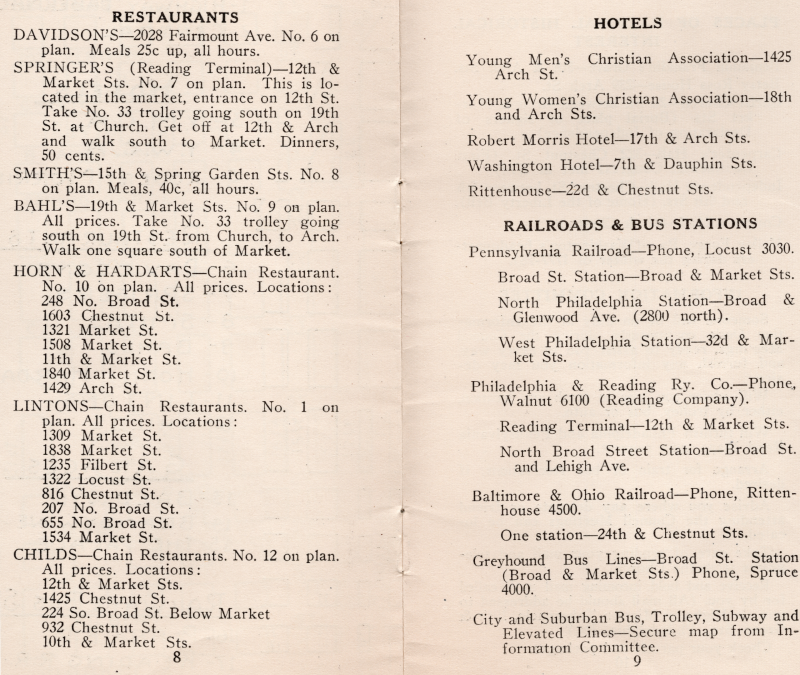 List of Restaurants, Hotels, and Railroad/ Bus Stations