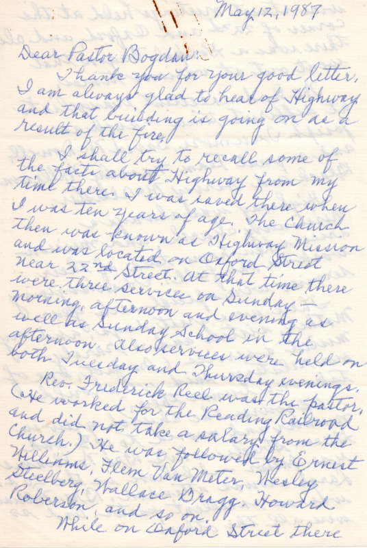 Letter to Pastor Bogdan about Sadie Watson's memories of Highway growing up
