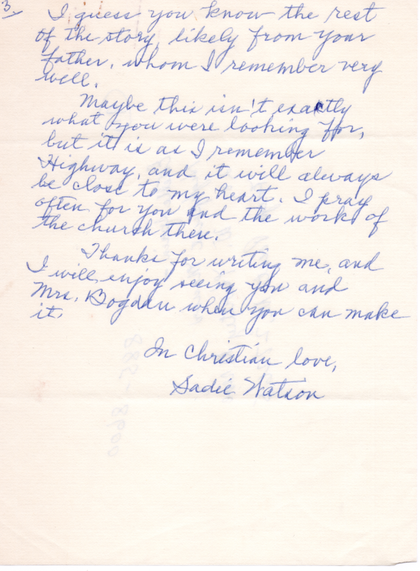 Letter to Pastor Bogdan about Sadie Watson's memories of Highway growing up