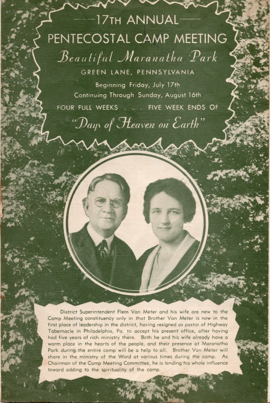 Cover page announcing the camp meeting in Marantha Park, Green Lane, PA. The meeting starts 7/17 and ends 8/16, lasting four weeks and five weekends. The theme title is "Days of Heaven on Earth." A portrait of Rev. and Mrs. Van Meter with a description explaining that they recently left the pastorship at Highway to accept the role of District Superintendent