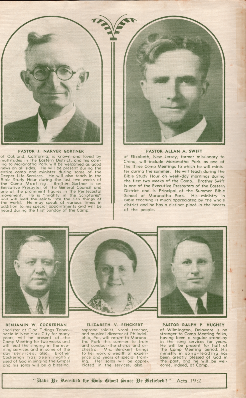 Portraits and descriptions of Pastor J. Narver Gortner, Pastor Allan A. Swift, Benjamin W. Cockerhan, Elizabeth V. Benckert, and Pastor Ralph P. Hughey. Acts 19:2