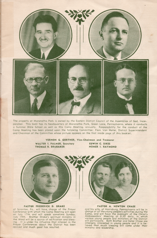 Explanation of the campground with portraits and names of members of the Eastern District Council in charge of programming. Portraits and biographical information of Pastor Frederick D. Drake and Pastor A. Newton Chase