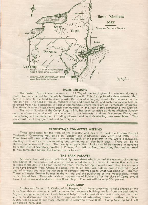 Map and description of Home Missions in the Eastern DIstrict Council. Information about the credentials committee meeting, the park palaver, and the book shop