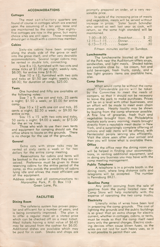 Accommodations and rates including cottages, cabins, tents, and general guidelines for lodging. A list of facilities including a dining room, luncheonette, camp store, office, public telephone, gasoline pump, and electricity.