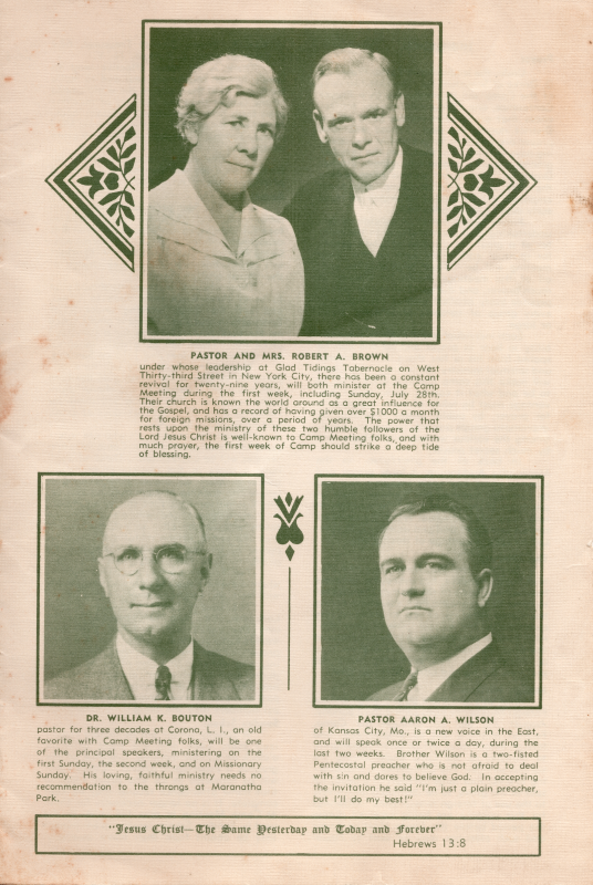 Portrait and biographical information for Pastor and Mrs. Robert A. Brown, Dr. William K. Bouton, and Pastor Aaron A. Wilson. Hebrews 13:8