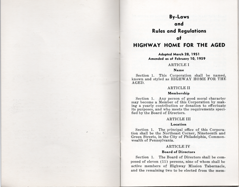 "By-Laws and Rules and Regulations of Highway Home for the Aged adopted March 28, 1951, Amended as of February 10, 1959." Article I: Name, Article II: Membership, Article III: Location, Article IV: Board of Directors