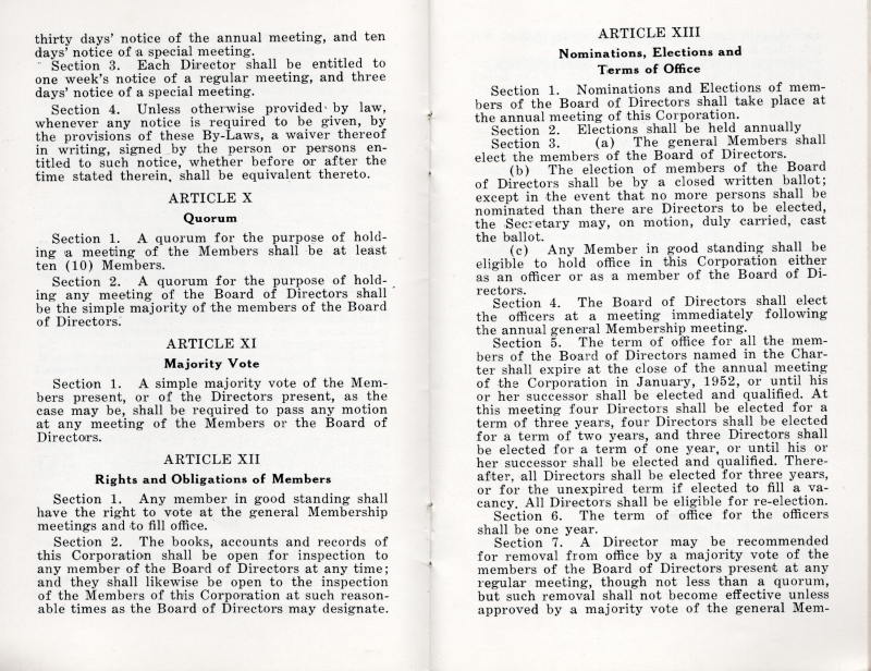 Article X: Quorum; Article XI: Majority Vote; Article XII: Rights and Obligations of Members; Article XIII: Nominations, Elections, and Terms of Office