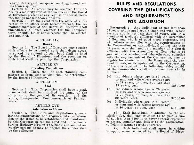Article XIV: Bonds, Article XV: Standing Committees, Article XVI: Seal, Article XVII: Admission to Home; Rules and Regulatons Covering the Qualifications for Admission, paragraph one