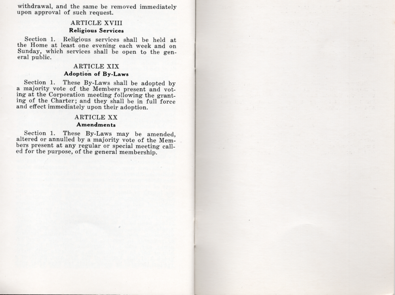 Article XVIII: Religious Services, Article XIX: Adoption of By-Laws, Article XX: Amendments