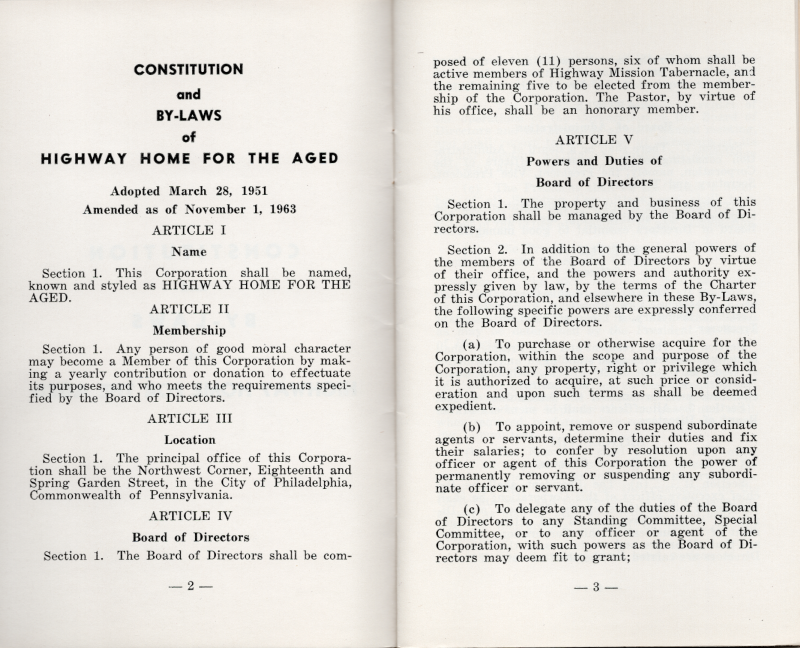 "Constitution and By-Laws of Highway Home for the Aged adopted March 28, 1951, Amended as of November 1, 1963." Article I: Name, Article II: Membership, Article III: Location, Article IV: Board of Directors