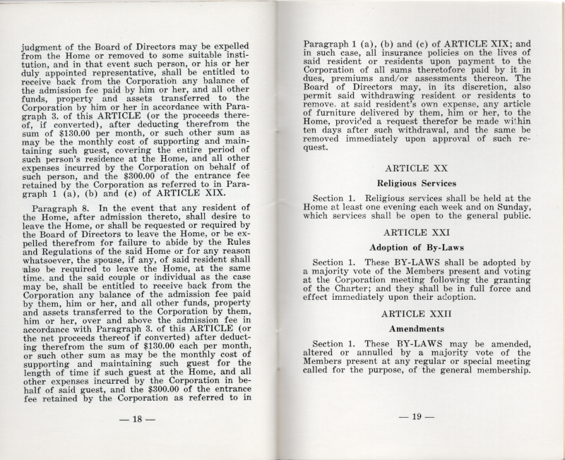 Article XIX: Admission to Home continued, Article XX: Religious Services, Article XXI: Adoption of By-Laws, Article XXII: Amendments