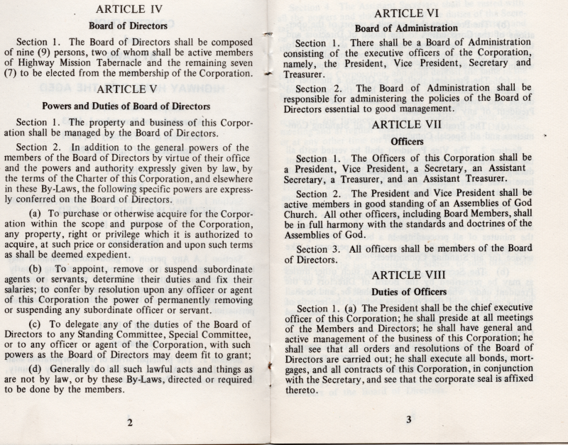 Article IV: Board of Directors, Article V: Powers and Duties of Board of Directors, Article VI: Board of Administration, Article VII: Officers, Article VII: Duties of Officers