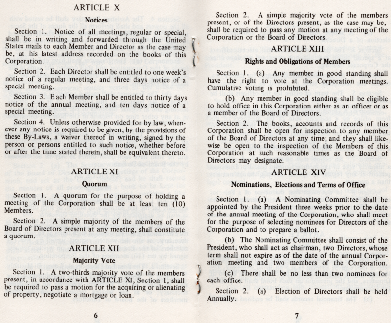 Article X: Notices, Article XI: Quorum, Article XII: Majority Vote, Article XIII: Rights and Obligations of Members, Article XIV: Nominations, Elections and Terms of Office