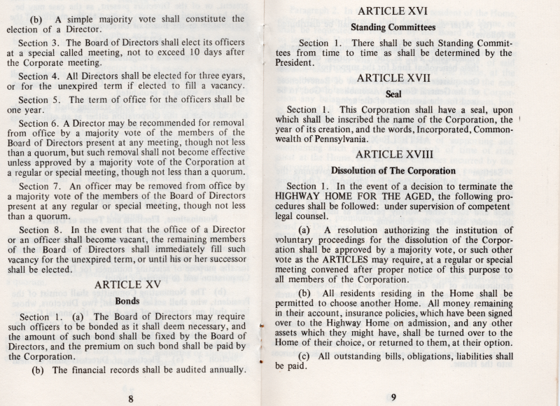 Article XV: Bonds, Article XVI: Standing Committees, Article XVII: Seal, Article XVIII: Dissolution of The Corporation