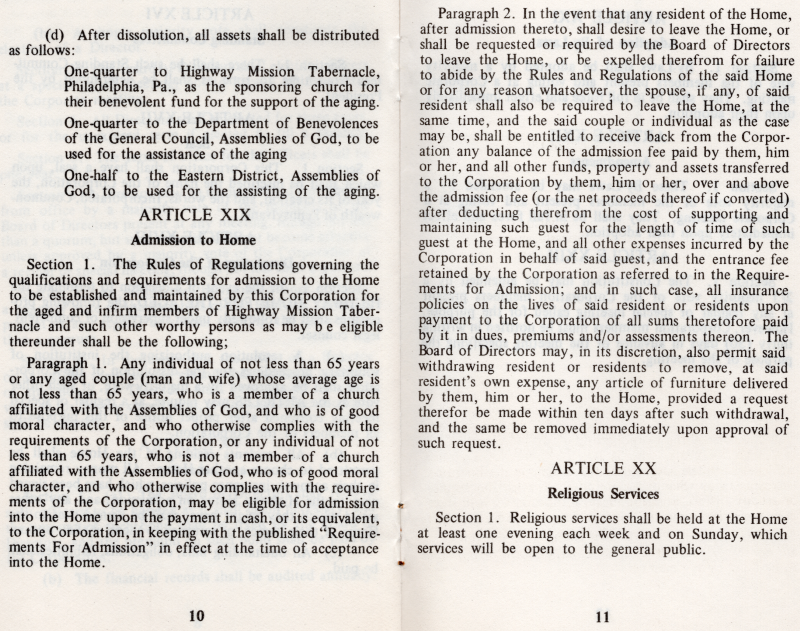 Article XIX: Admission to Home, Article XX: Religious Services
