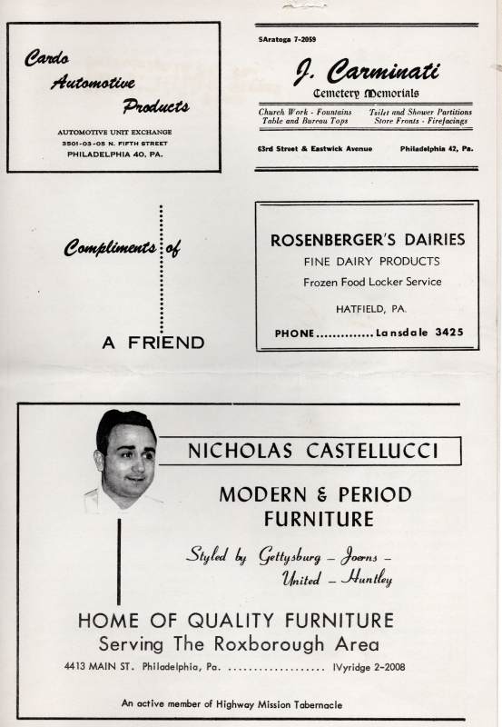 Advertisements from Cardo Automotive Products, J. Carminati Cemetery Memorials, Rosenberg's Dairies, and Nicholas Castellucci Furniture
