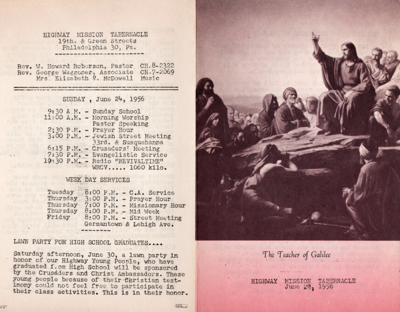 Front cover: An illustration of Jesus speaking to a crowd with the text: The Teacher of Galilee. Church name and date. Back cover: Church name and address, contact information for church leadership, Sunday service schedule, week day services, announcement of a lawn party for graduates