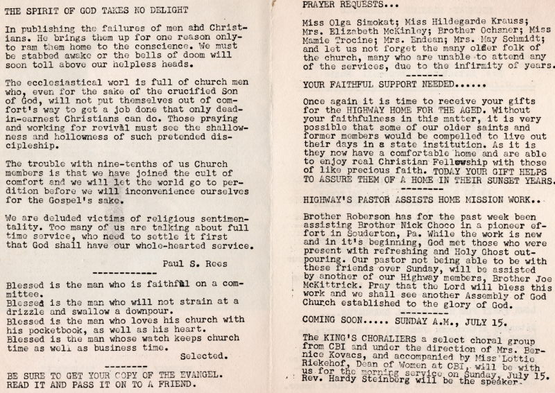 "The Spirit of God Takes No Delight" by Paul S. Rees, selected poem, reminder to take a copy of Evangel Magazine; Prayer request, fundraising requests for Highway Home for the Aged, announcement that Pastor Roberson is participating in domestic mission work, announcement of the King's Choralier's performance