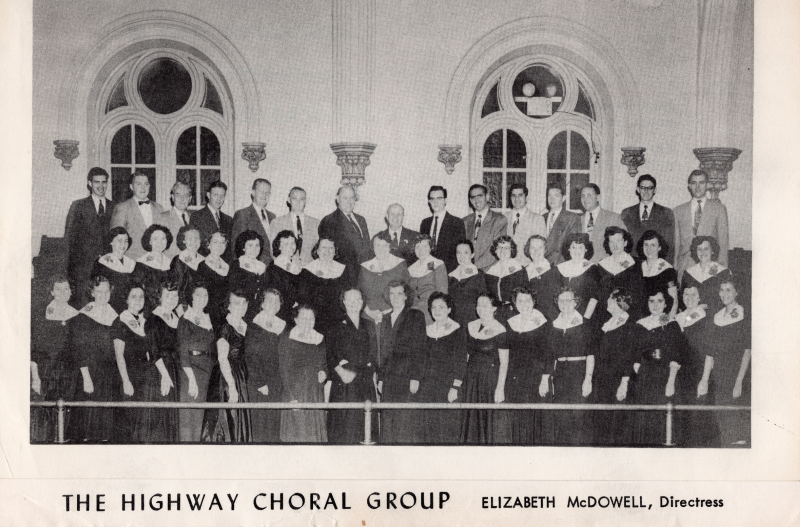 Portrait of the Highway Choral Group with a mention of Elizabeth McDowell, directress