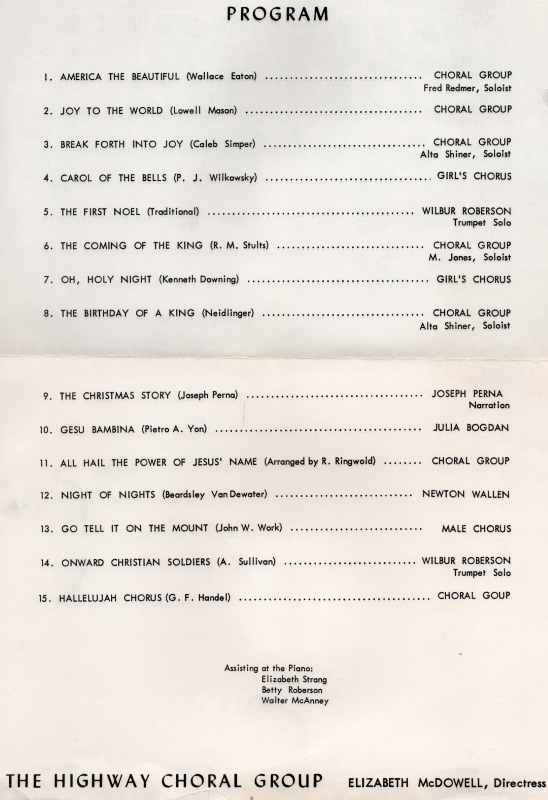 Program of songs performed with Elizabeth Strong, Betty Roberson, and Walter McAnney accompanying on the piano