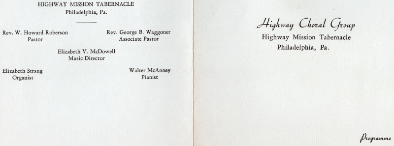 Front cover: Programme of Highway Choral Group's Performance at Highway Tabernacle; Back cover: Church name, church leadership, music director, pianist, organist