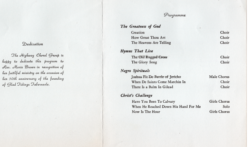 Program dedication to Rev. Marie Brown in recognition of her 50th anniversary of founding Glad Tidings Tabernacle; Program of songs