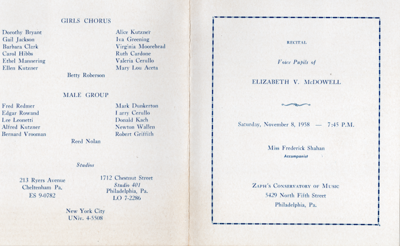 Front Cover: Recital for Elizabeth McDowell's voice pupils with Miss Frederick Shahan as an accompanist at Zaph's Conservatory of Music; Back Cover: List of members of the girls chorus, male group, and of studios