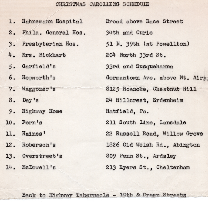 A numbered list of locations for Christmas carollers
