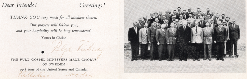 Thank you message and group portrait of the Full GGospel Ministers Male Chorus of Sweden from their 1958 tour of the United States and Canada