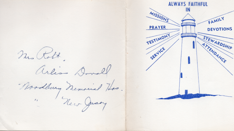 Front cover: drawing of a lighthouse with the title "Always Faithful in" and the words "Missions," "Prayer," "Testimony," "Service," "Family Devotions," "Stewardship," and "Attendance" radiating from the lighthouse; Back cover: handwritten note