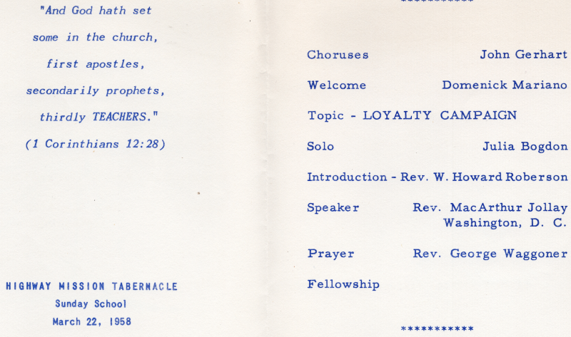 1  Corinithians 12:28, Highway Mission Tabernacle Sunday School March 22, 1958; Order of Worship