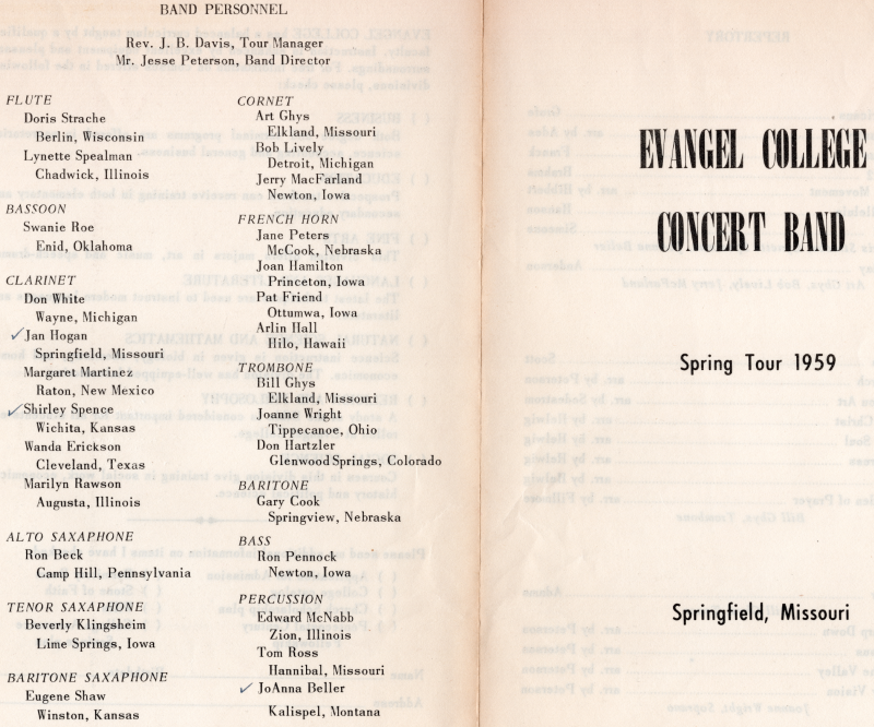 Front Cover: Evangel College Concert Band, Spring Tour 1959, Springfield, MO; Back Cover: Band Personnel List