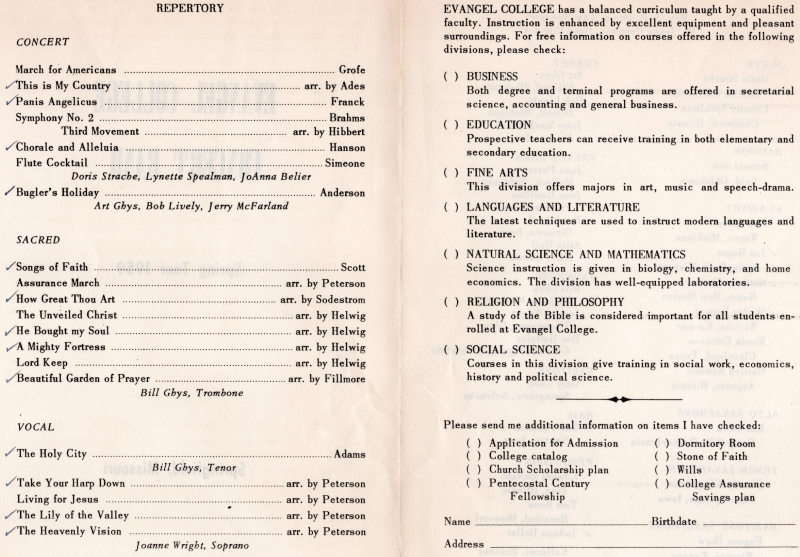 Program of performances; Information request form for Evangel College
