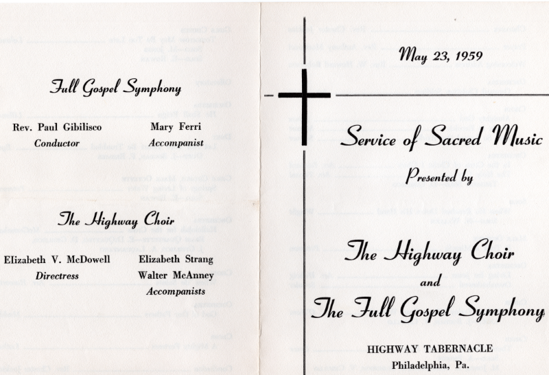 Front Cover: Service of Sacred Music Presented by The Highway Choir and The Full Gospel Symphony at Highway Tabernacle (19th and Green) with an image of a cross; Back Cover: Full Gospel Symphony's conductor and accompanist and Highway Choir's directress and accompanists
