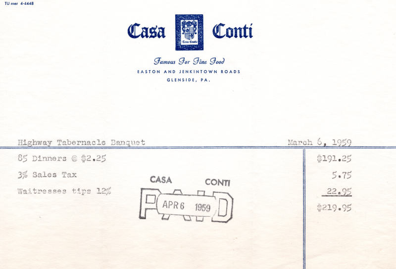 Banquet receipts from Casa Conti
