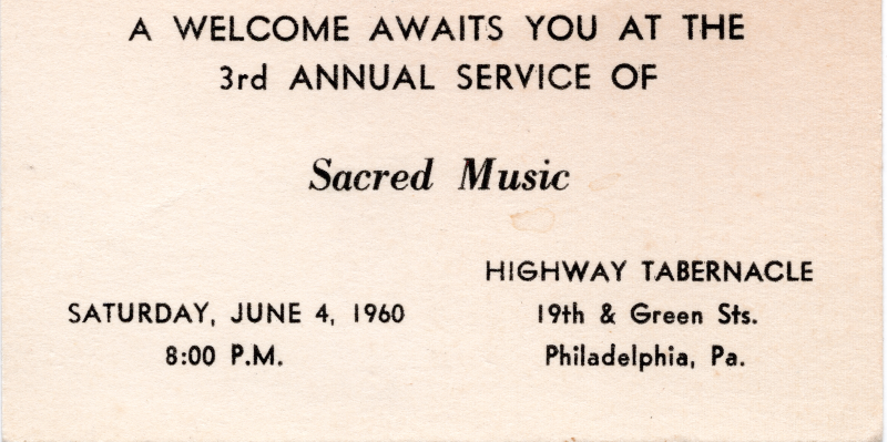 Invitation card to the 3rd Annual Service of Scred Music at Highway Tabernacle (19th and Green Streets)