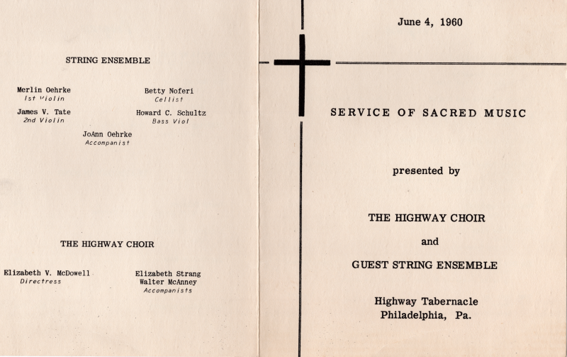 Front cover: Drawing of a cross with text that announces the date, event title, event location, and introduces a Guest String Ensemble that will be playing along with the Highway Choir; Back Cover: Names members of the string ensemble and the directress and accompanists of the Highway Choir