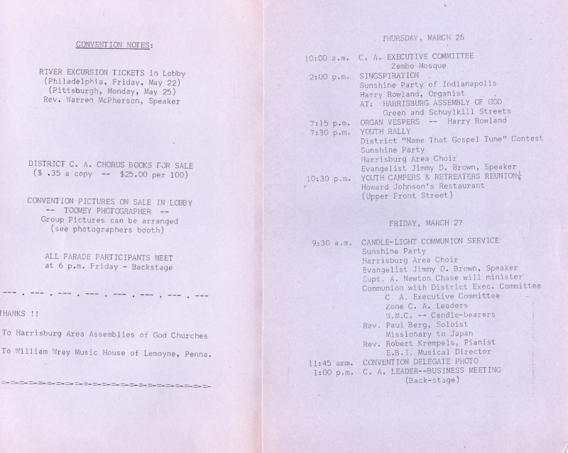 Convention notes about river excursion tickets, district chours books for sale, convention pictures on sale, and where parade participants should meet, thank you not to the Harrisburg AG churches and the William Wray Music House of Lemoyne, PA; Thursday and Friday morning activity schedules