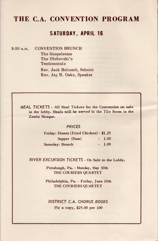 Saturday schedule of events, information about meal tickets, river excursion tickets, upcoming performances by the Couriers Quartet, and purchasing District C.A. Chorus Books