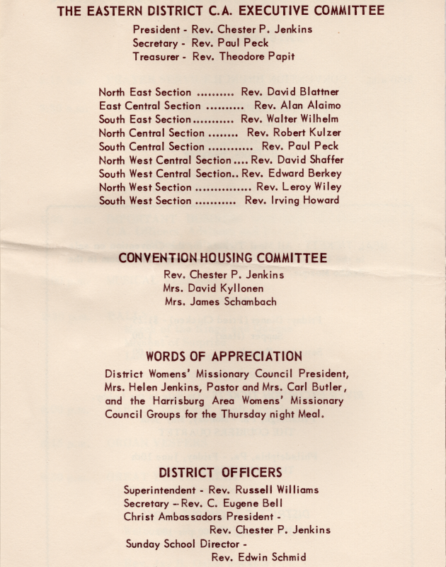 List of the Eastern District C.A. Executive Committee and Convention Housing Committee, words of appreciation, list of District Officers