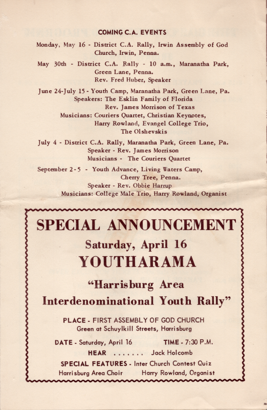 Upcoming C.A. events, a special announcement of Youtharama, an interdenominaational youth rally in Harrisburg