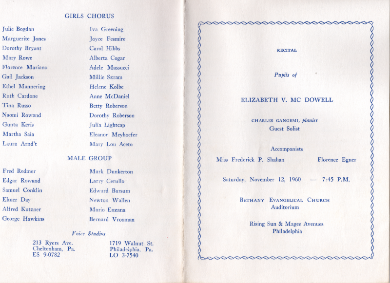 Front Cover: Recital for Elizabeth McDowell's voice pupils with Miss Frederick Shahan and Florence Egner as accompanists at Bethany Evangelical Church; Back Cover: List of members of the girls chorus, male group, and of studios