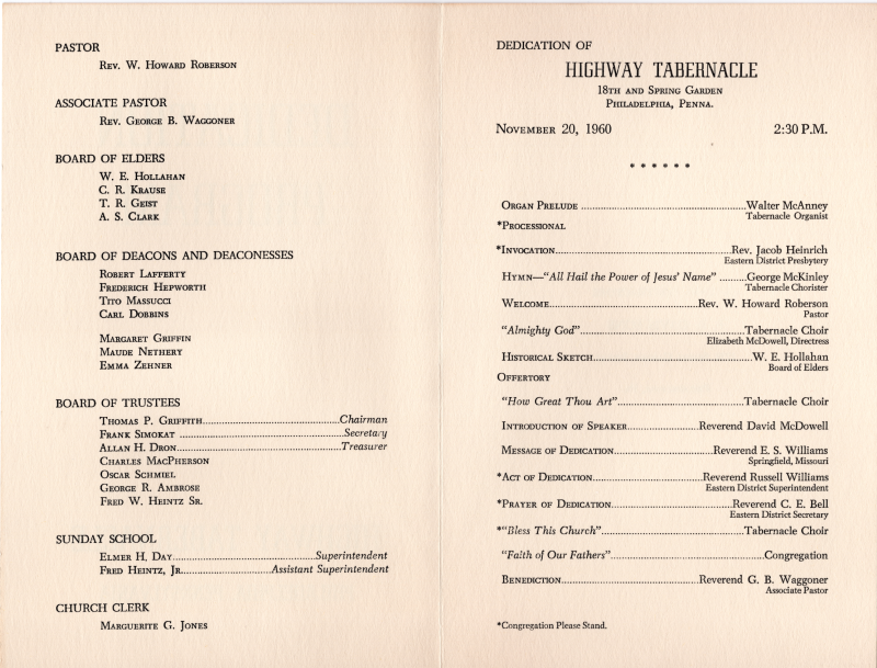 List of church leadership; Dedication of Highway's new location at 18th and Spring Garden Streets, order of worship