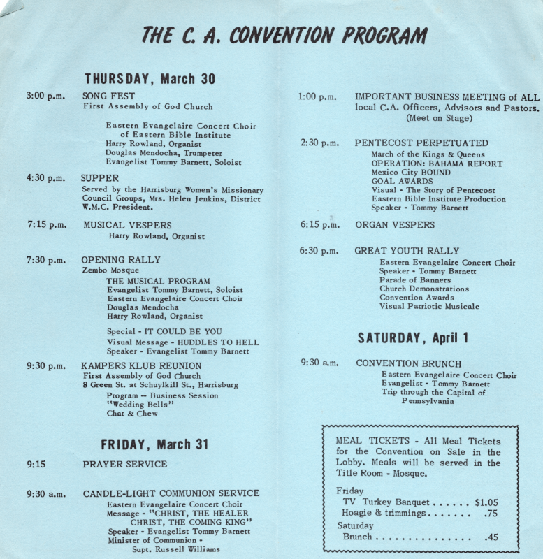 Program for Thursday, Friday, and Saturday with a note about meal tickets and the menu